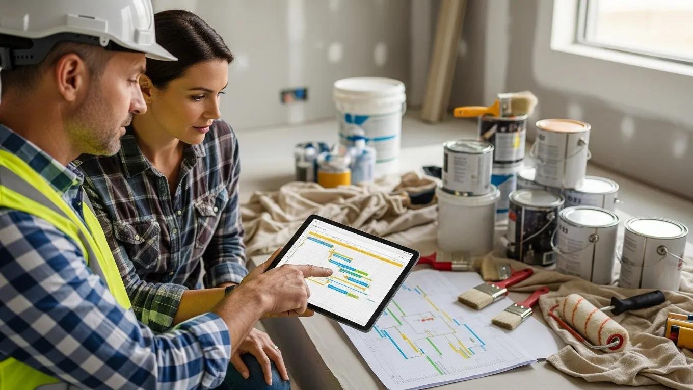 Contractor and client reviewing project plan on a tablet at a construction site