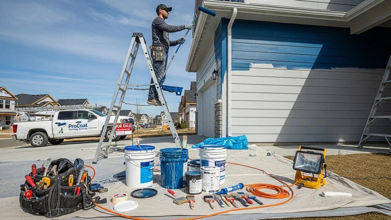 Contractor painting a house exterior, highlighting the impact of economic factors on painting needs