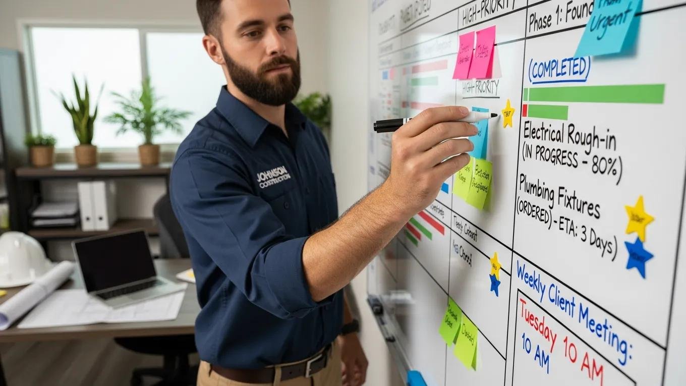 Contractor writing project updates on a whiteboard in a clean workspace