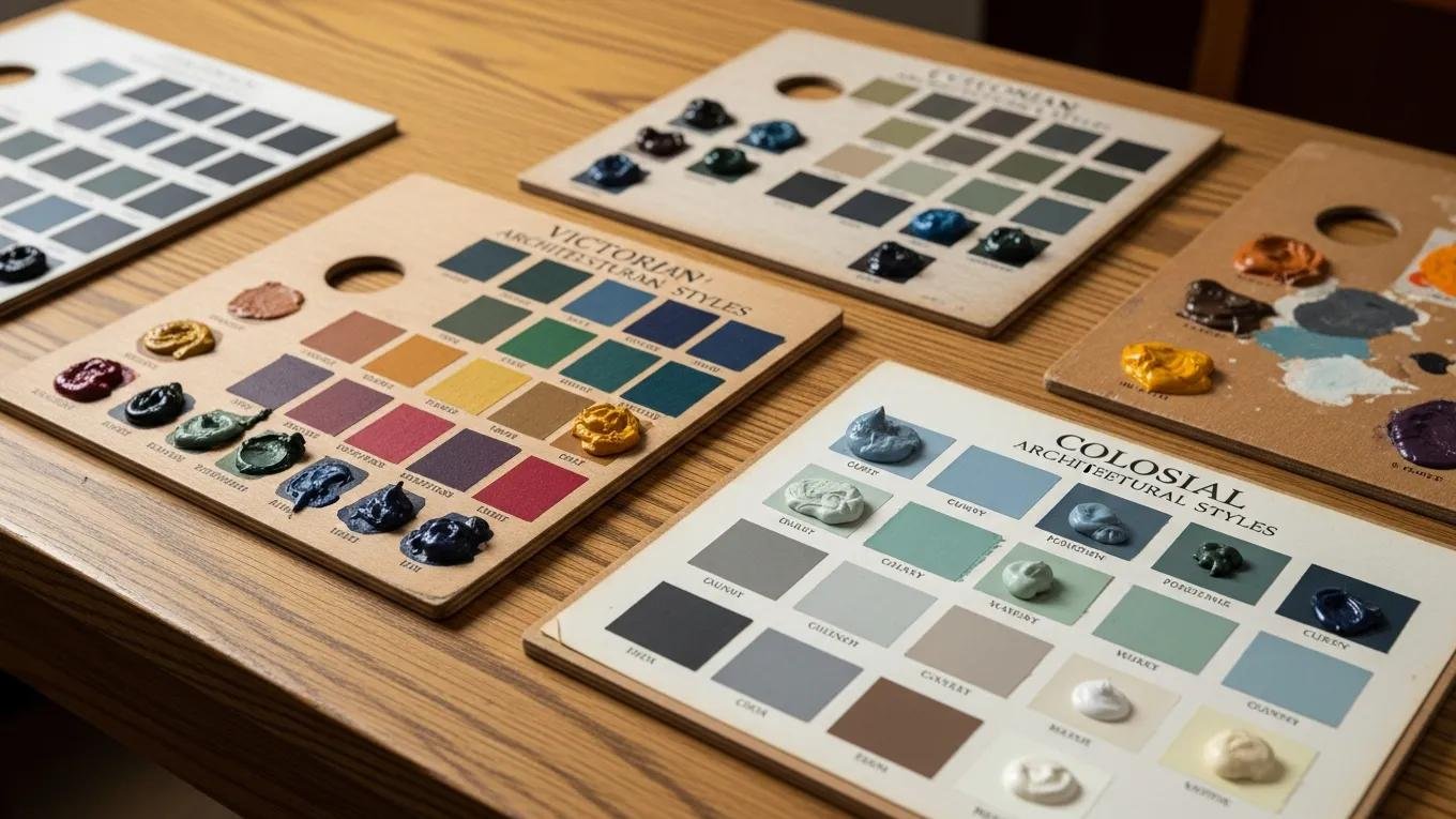 Display of authentic historic paint palettes representing various architectural styles