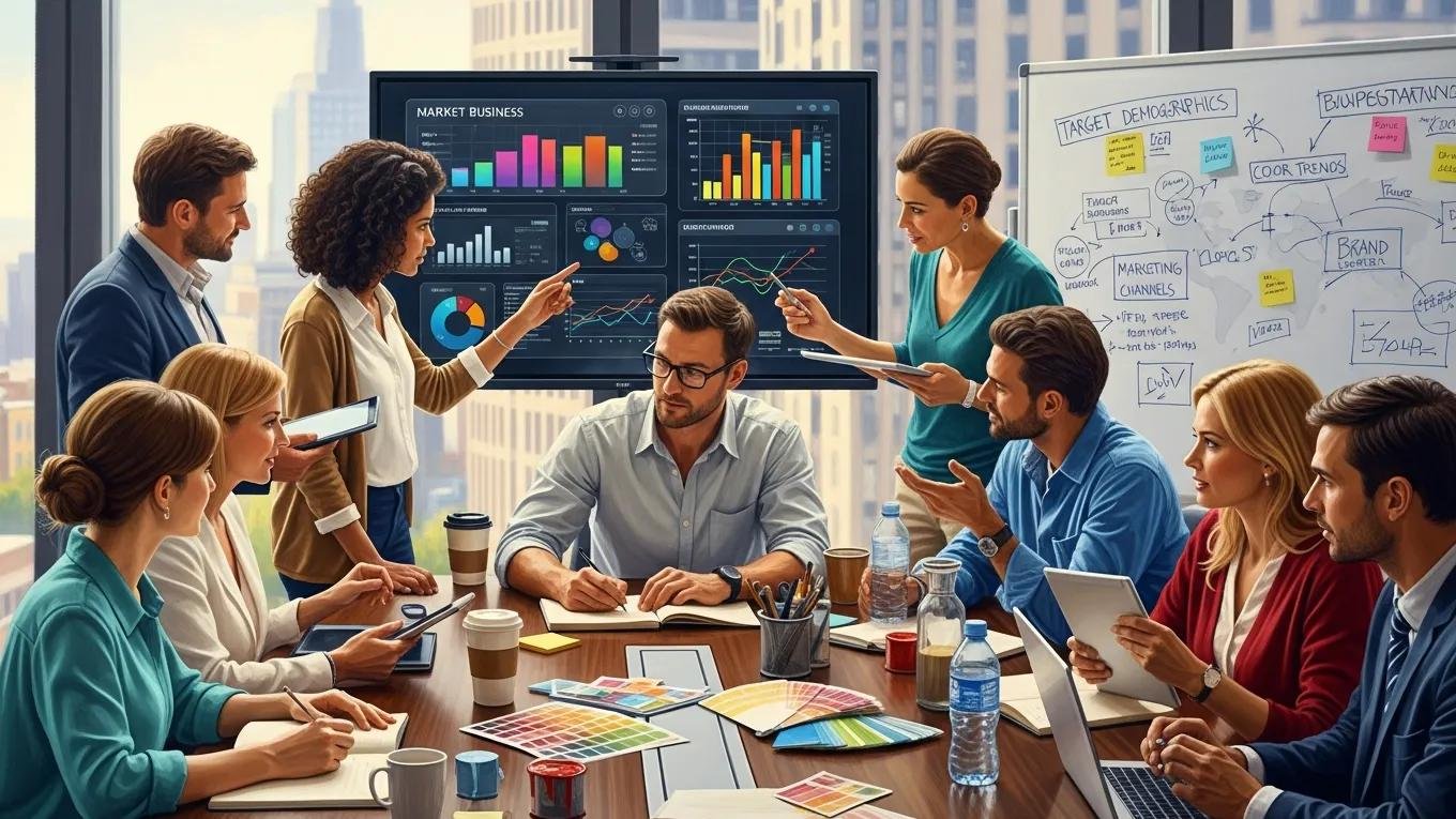 Diverse team conducting market research for a painting business, analyzing data and discussing strategies