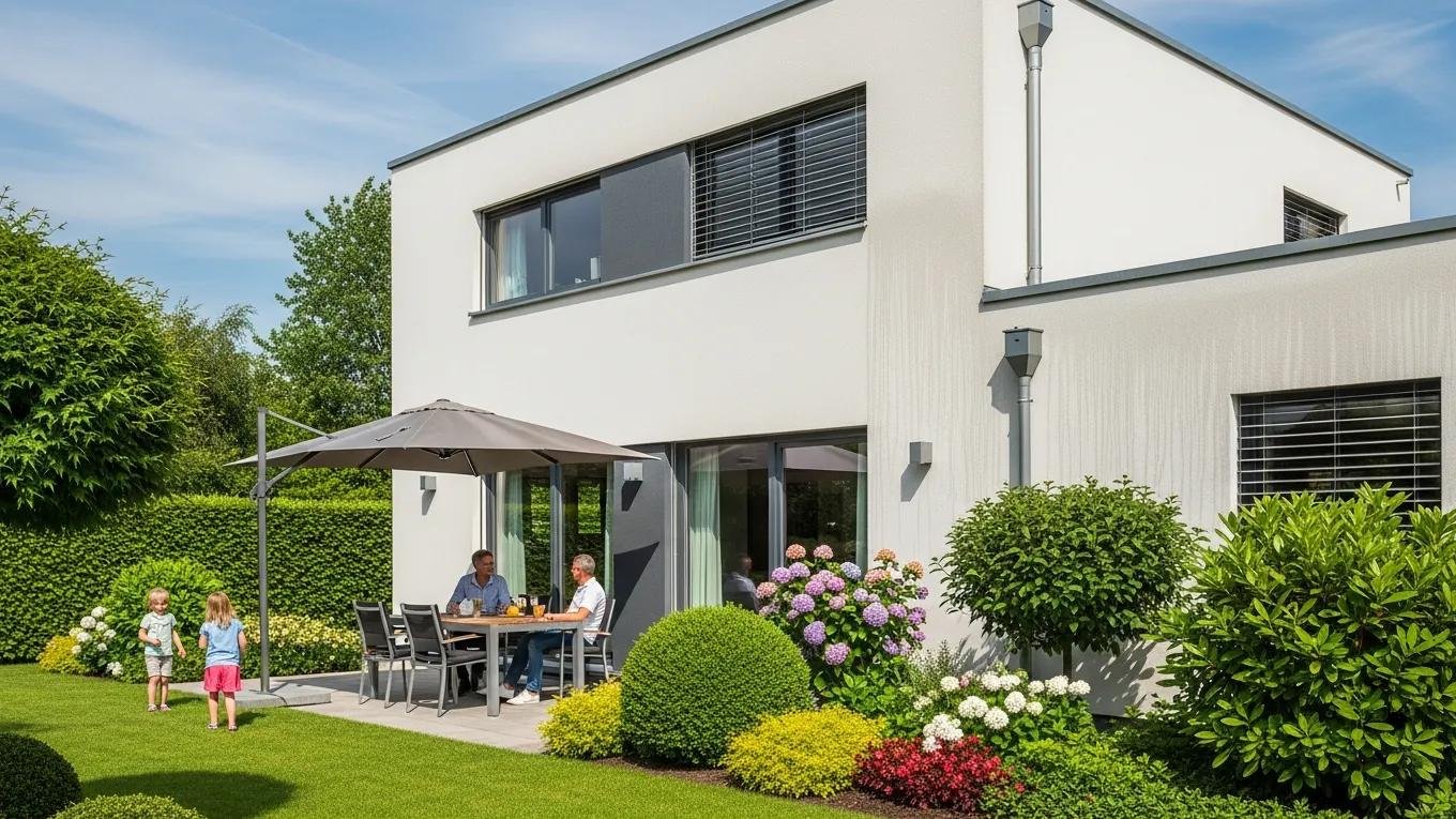 Exterior view of a home with functional coatings demonstrating thermal insulation and moisture resistance