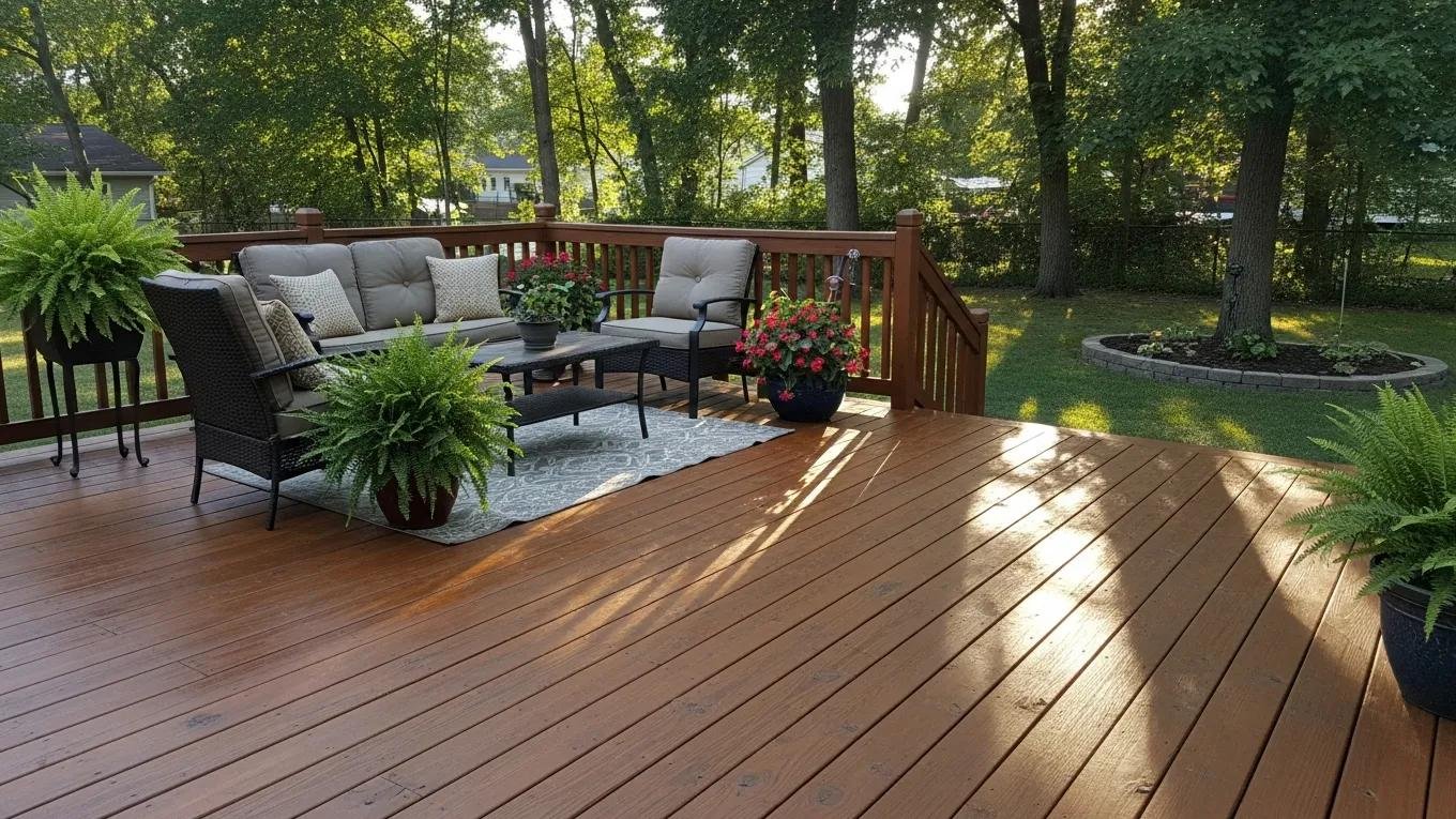 Freshly stained wooden deck in Shrewsbury, PA, showcasing rich color and inviting outdoor space