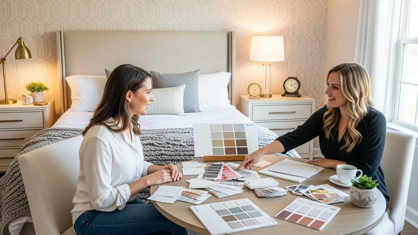 Homeowner consulting on paint colors in a cozy Lancaster bedroom with swatches