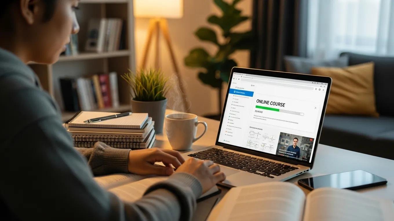 Individual studying online in a cozy workspace, highlighting the advantages of online professional development courses
