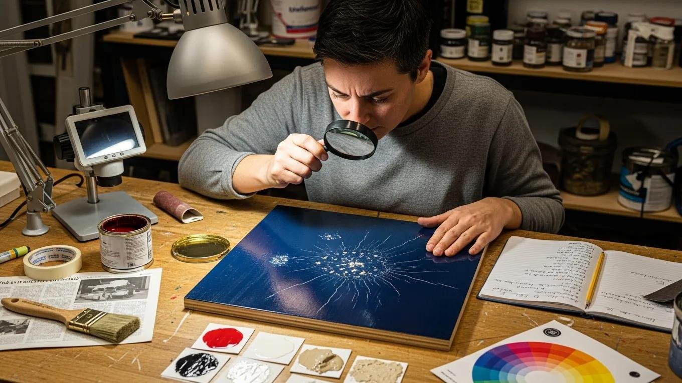 Inspection of paint defects using a magnifying glass, illustrating common issues in painting quality control