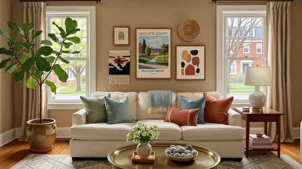 Interior painting in a Lancaster home showcasing a warm living room with soft neutral colors