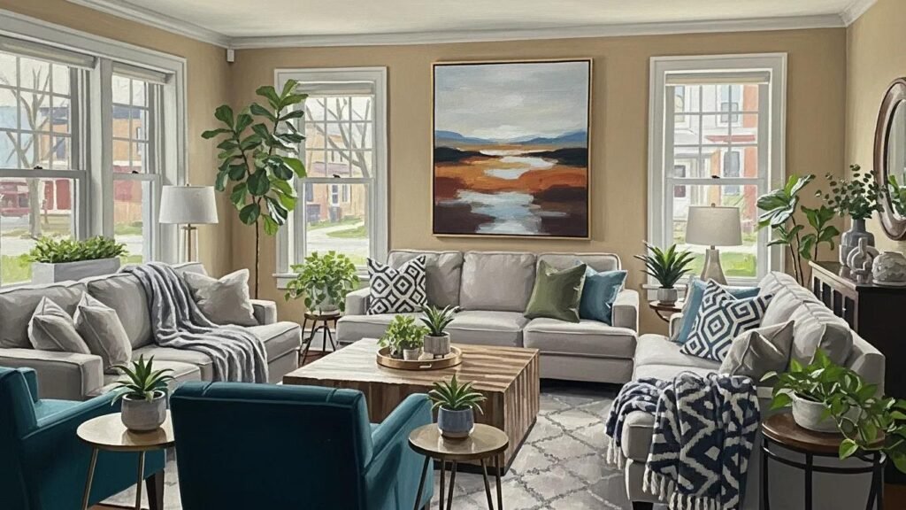 Inviting living room interior painting in York PA with soft neutral colors and stylish decor