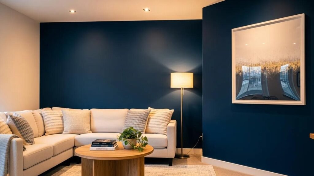 Living room with a navy blue accent wall, showcasing cozy home design elements