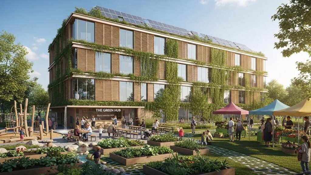 Modern eco-friendly building with sustainable finishes surrounded by greenery