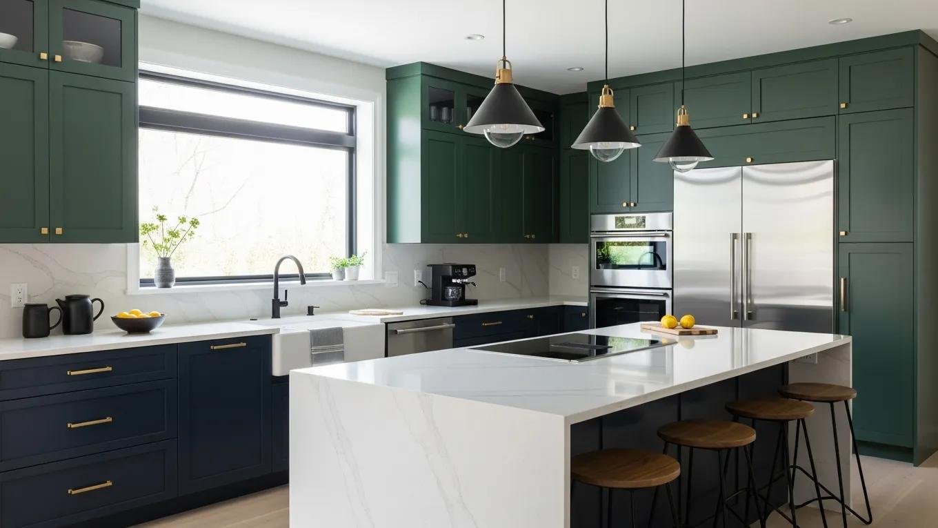 Modern kitchen with deep navy and forest green cabinetry, highlighting 2026 color trends