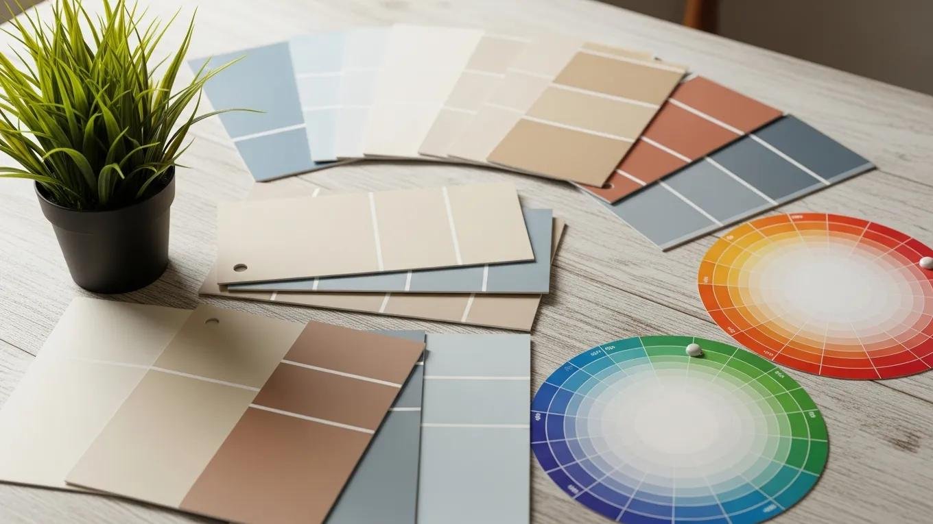 Paint swatches in warm neutrals and soft blues with a color wheel