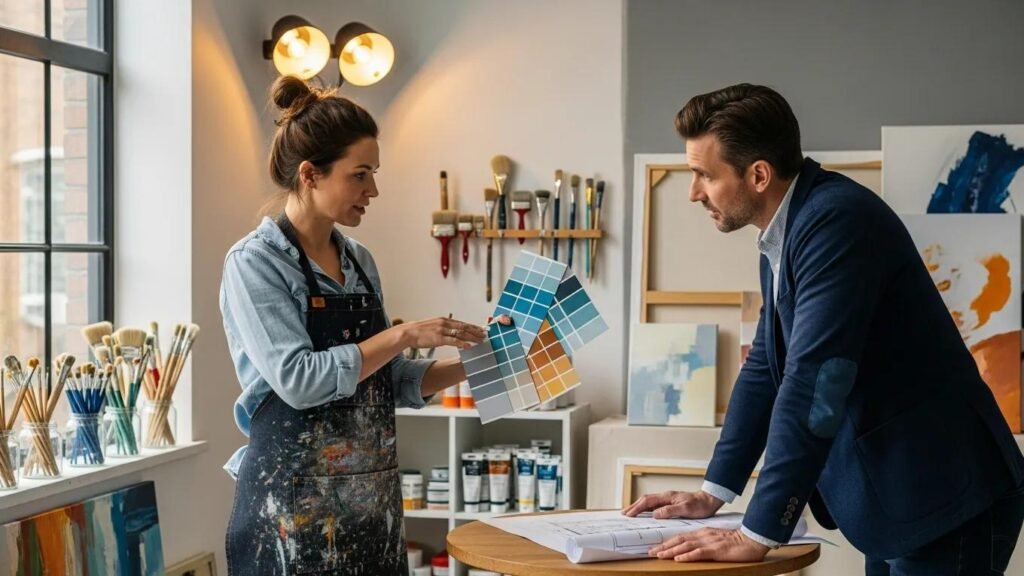 Painter and client discussing project details with color samples in a bright workspace