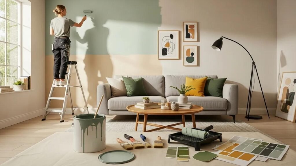 Painter applying fresh paint to a living room wall, showcasing the transformation of interior spaces