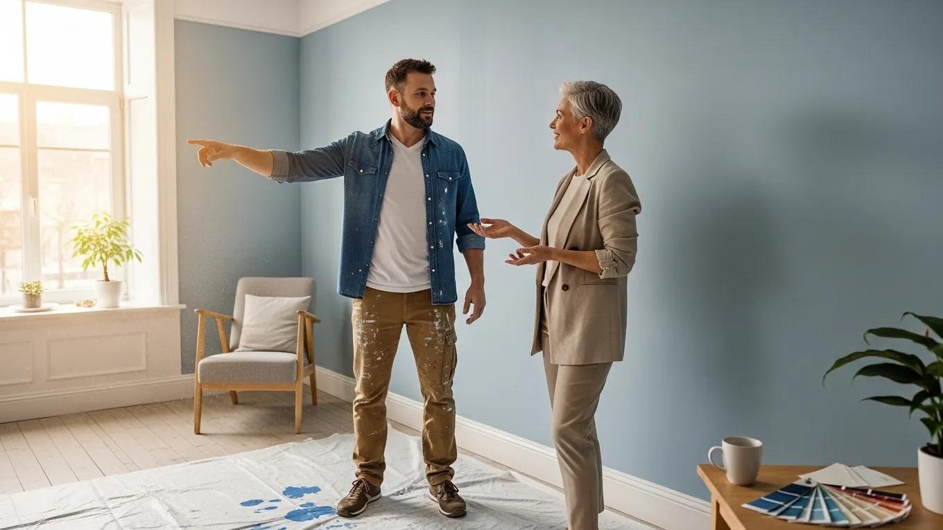 Painter discussing project details with a satisfied client in a beautifully painted room, highlighting customer relationship management