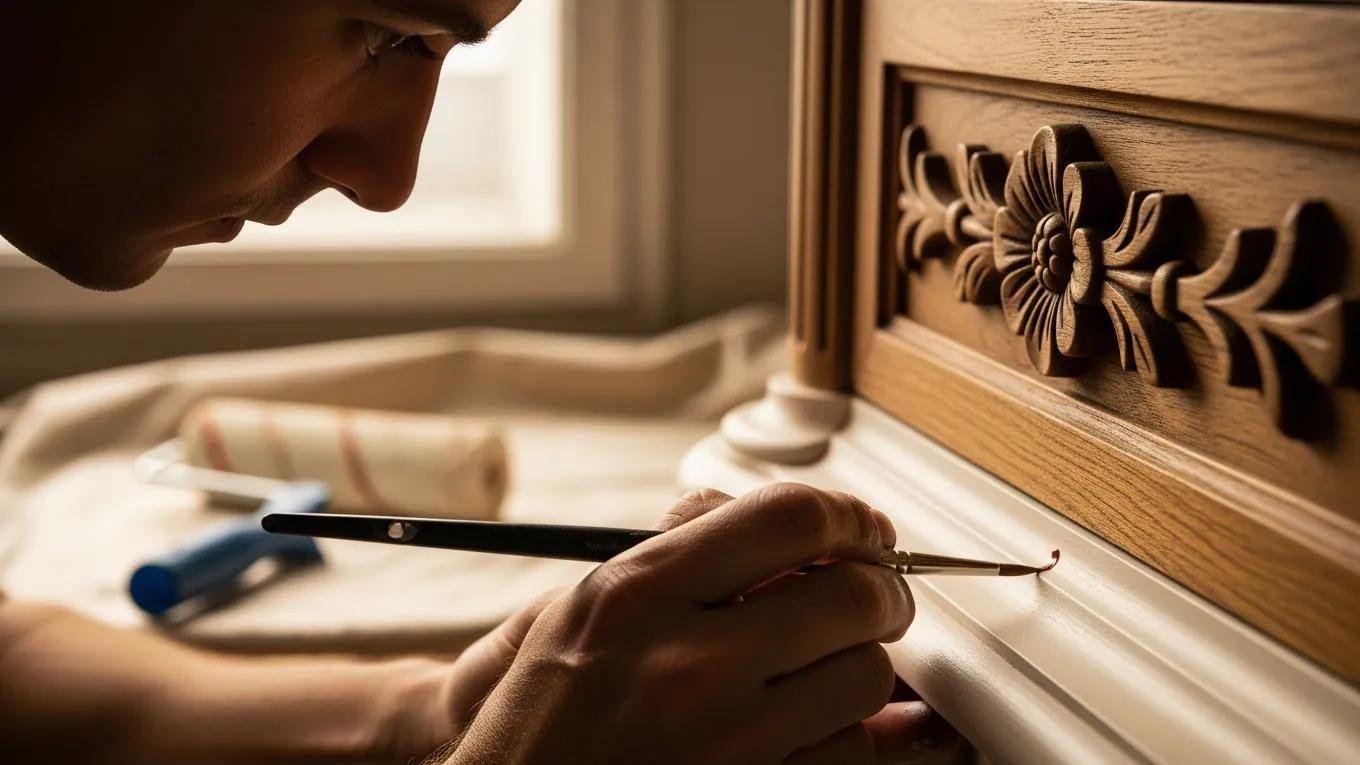 Painter using a brush for detailed work on furniture, highlighting precision in traditional painting methods