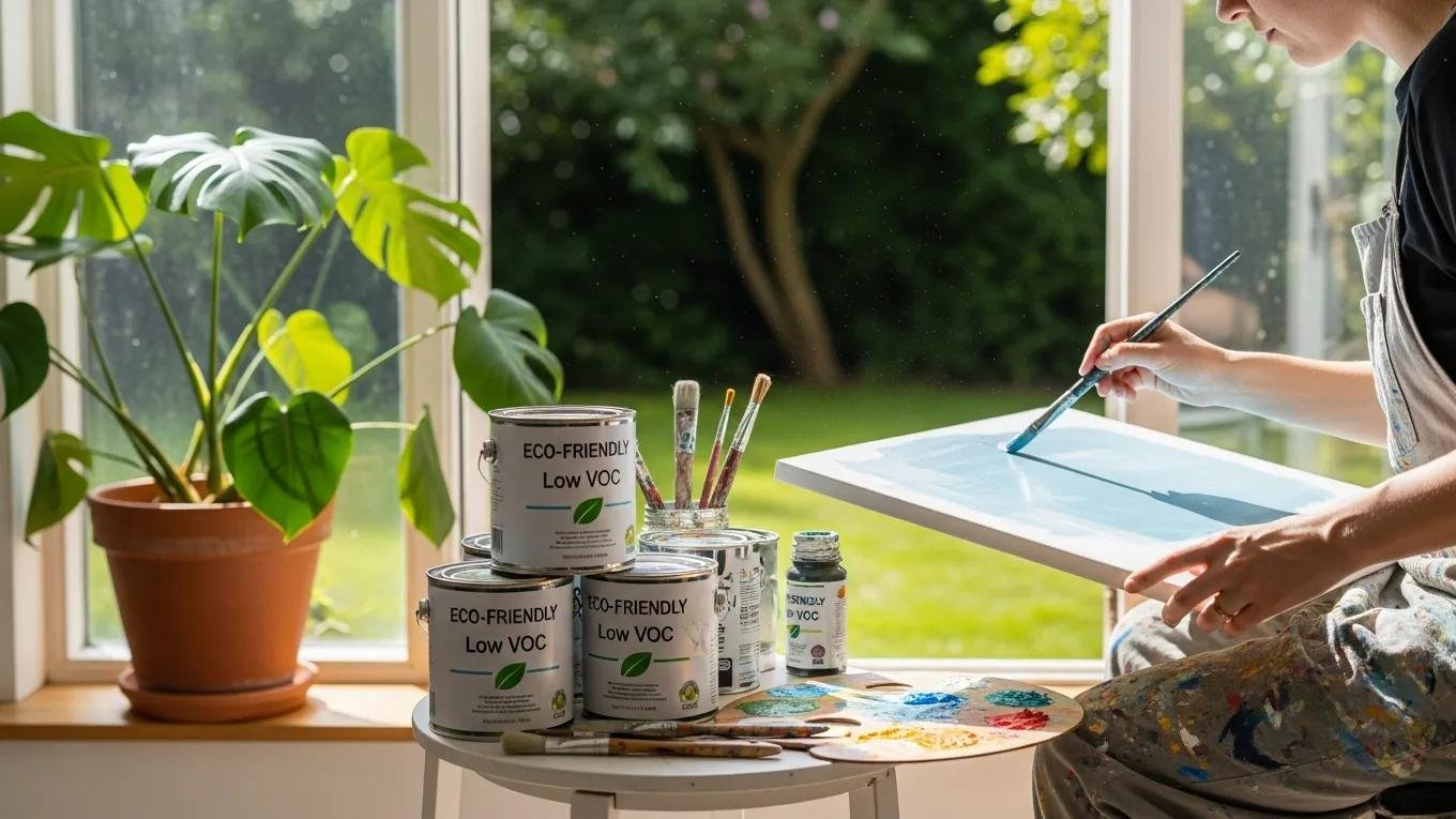 Painter using eco-friendly low-VOC paints in a bright room