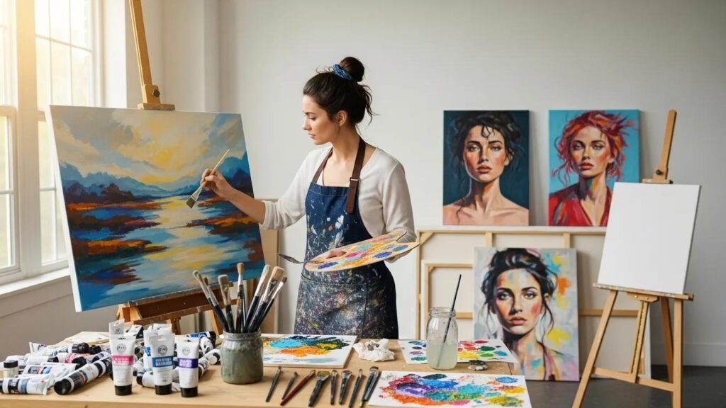 Painter working in a bright workspace with tools and canvases, representing the essence of starting a painting business