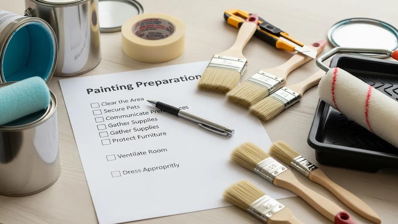 Painting preparation checklist with tools and paint cans
