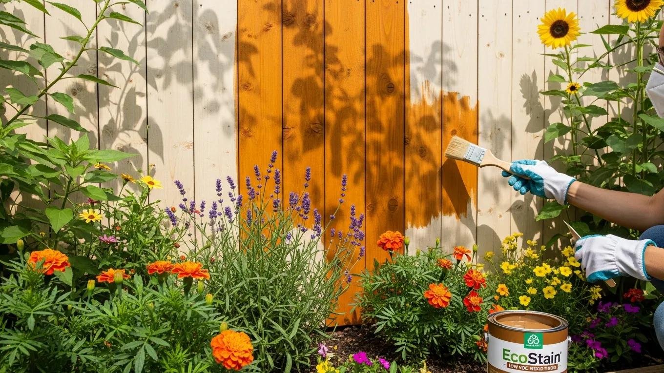 Person applying eco-friendly low-VOC wood stain to a wooden fence in a garden setting