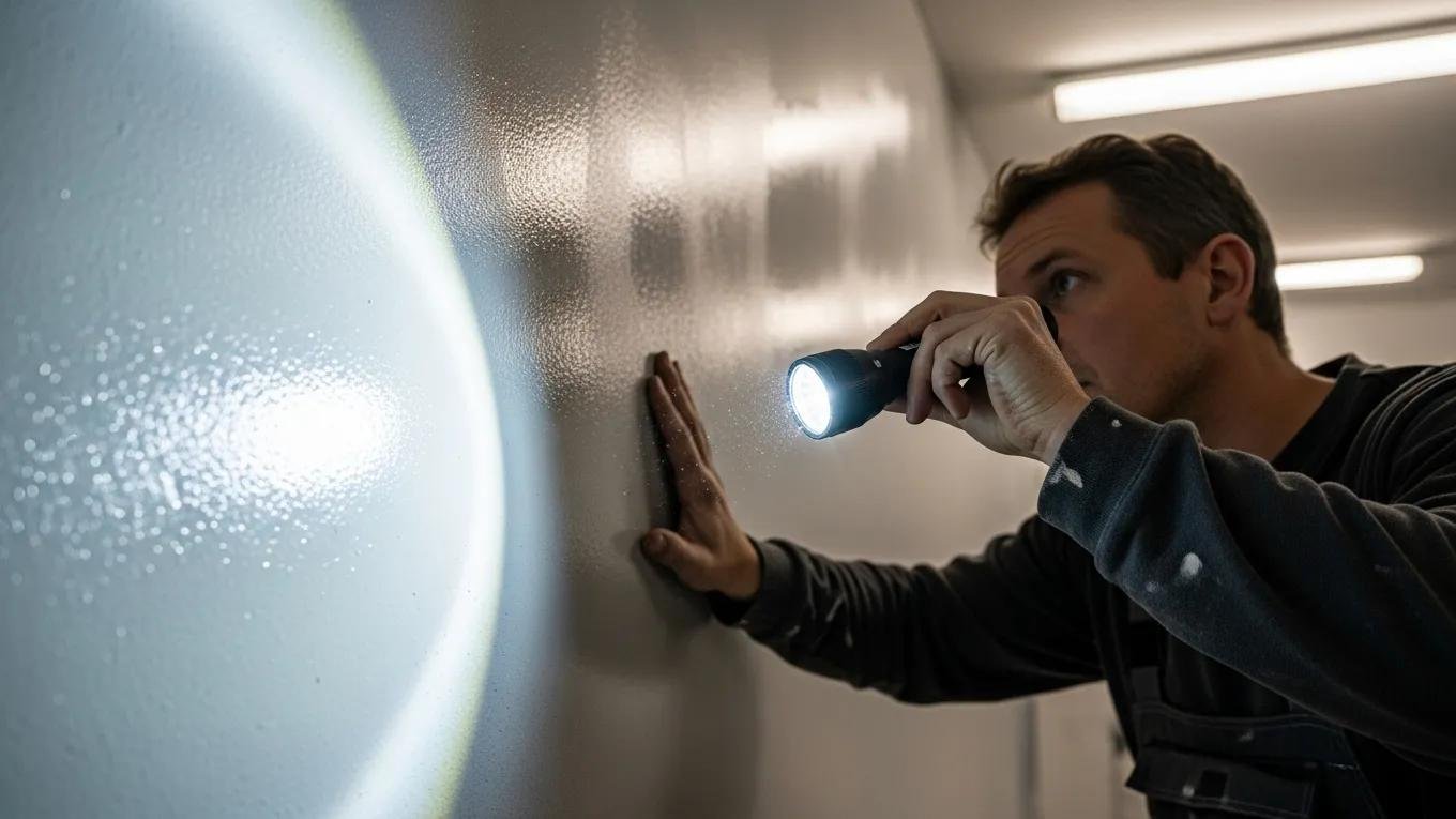 Person inspecting painted surface for sheen irregularities with a flashlight