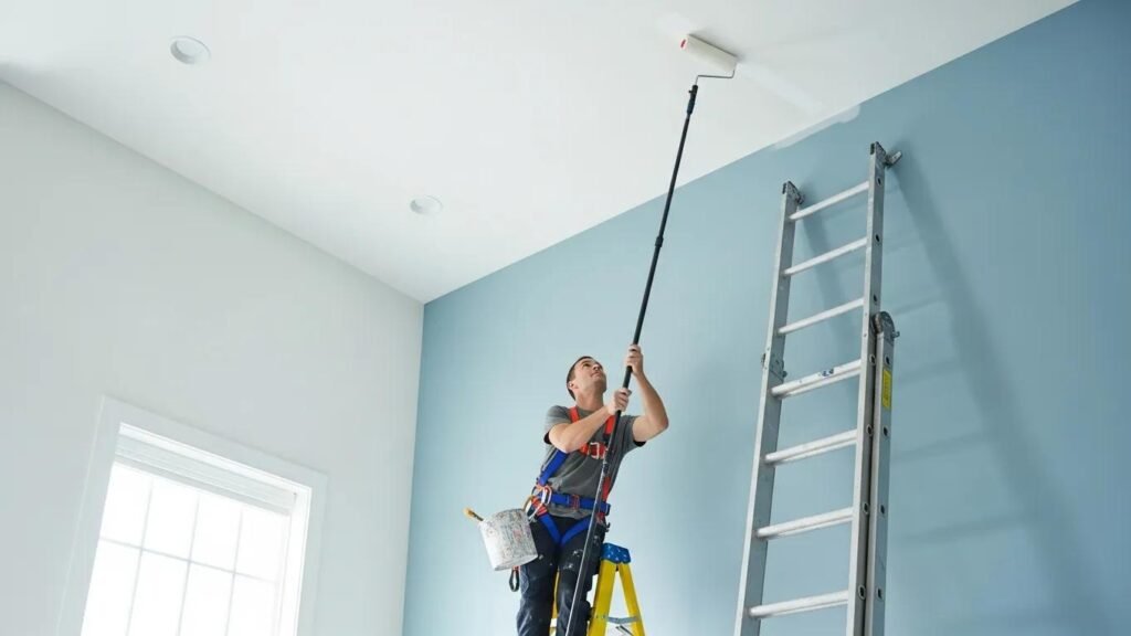 Person painting high ceiling with roller extension pole and ladder safety gear