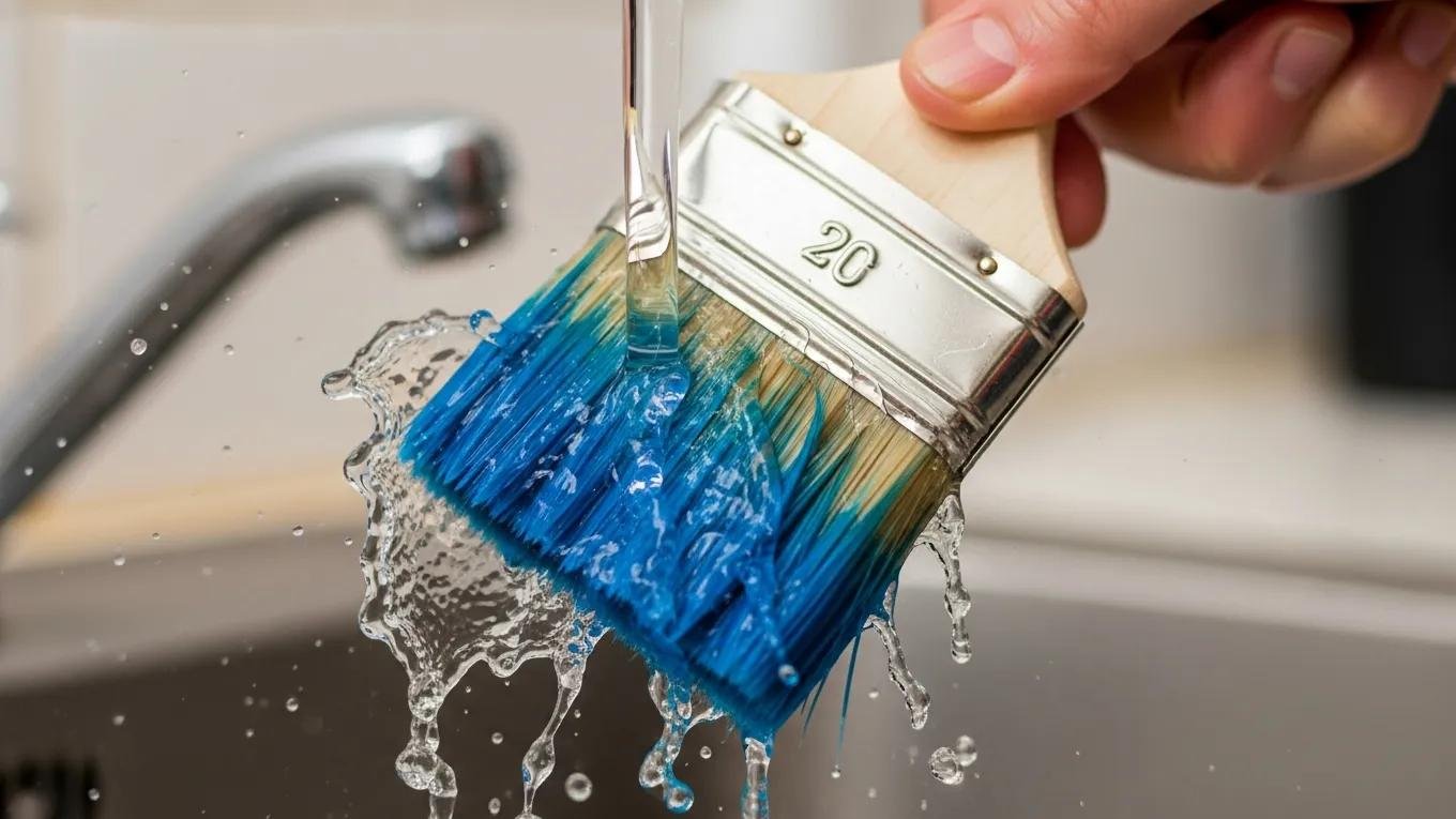 Person rinsing a paintbrush under warm water to clean water-based paint