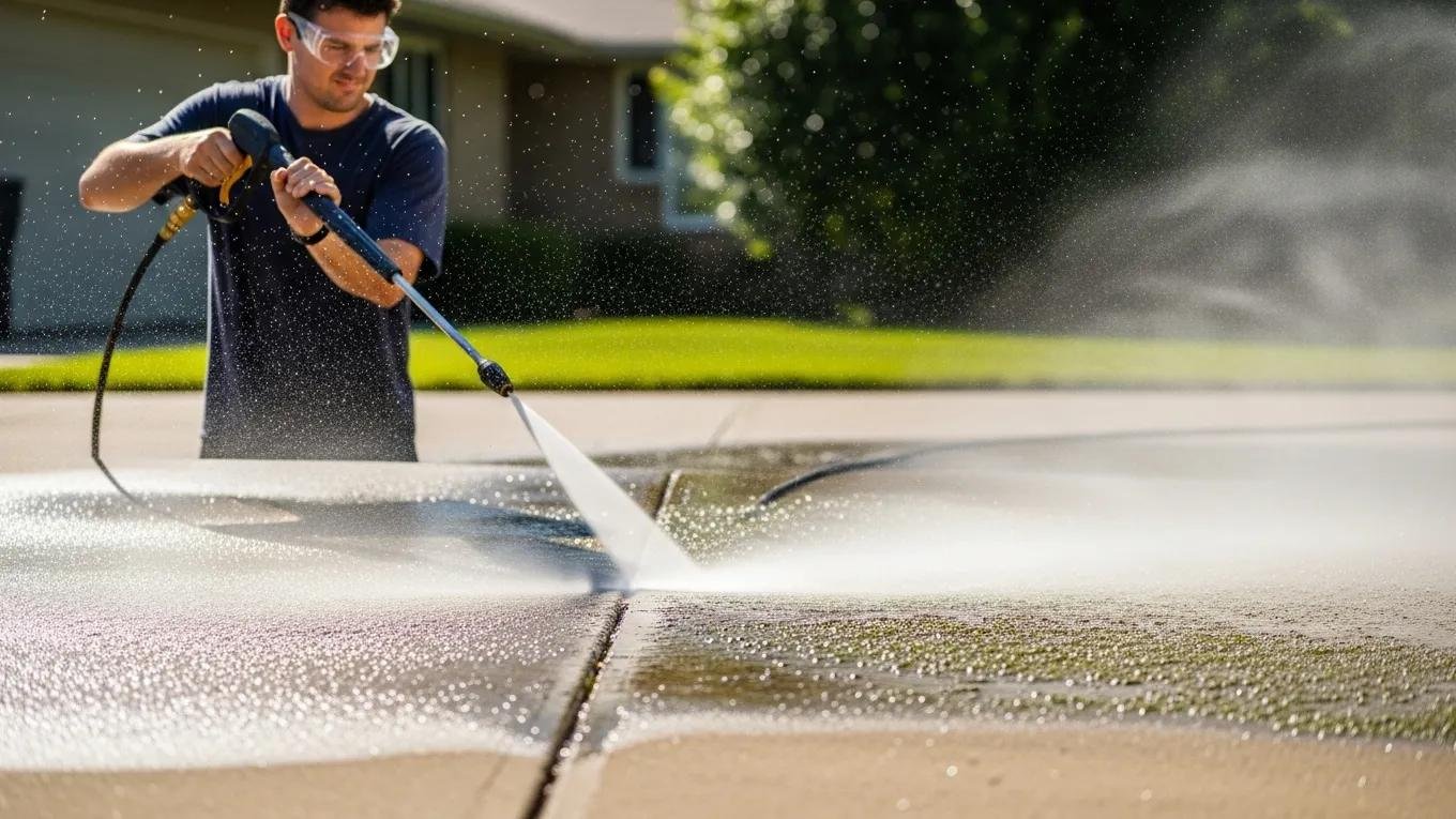 Person using a pressure washer to clean surface residues