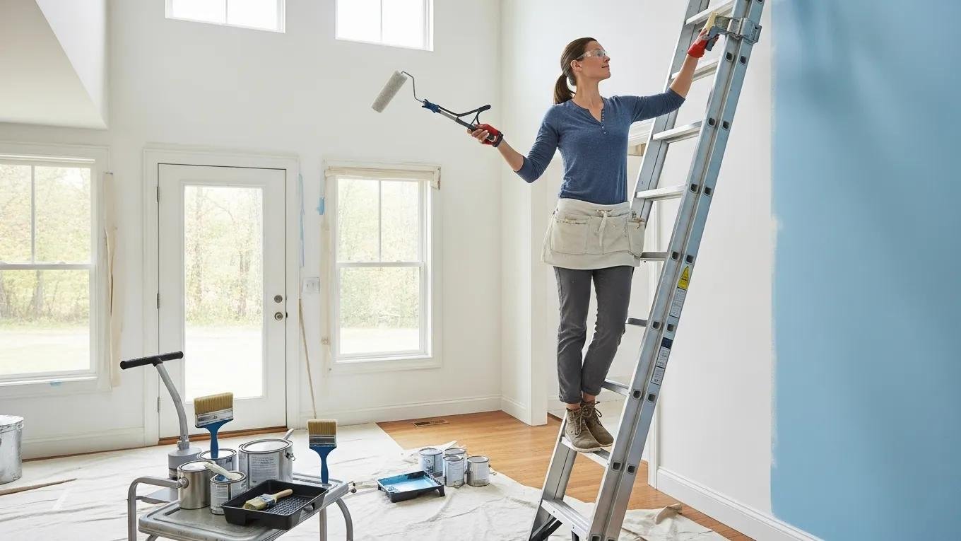 Person using ergonomic techniques while painting high ceilings safely