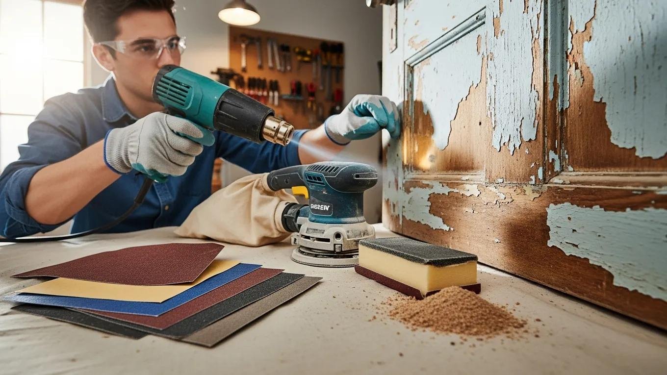 Person using paint restoration techniques with strippers and sanding tools