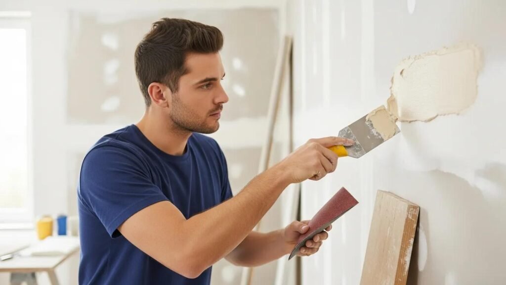 Professional drywall repair technician filling holes and cracks in a home before painting
