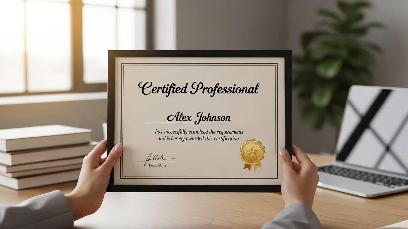 Professional holding a certification diploma, symbolizing achievement in continuing education and career advancement