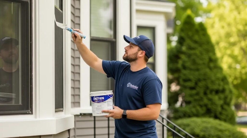Professional house painter in Harrisburg, PA, painting a historic home with quality materials