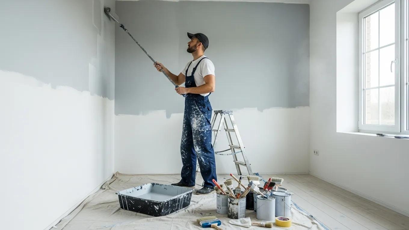 Professional painter applying fresh paint to an interior wall showcasing expertise in painting