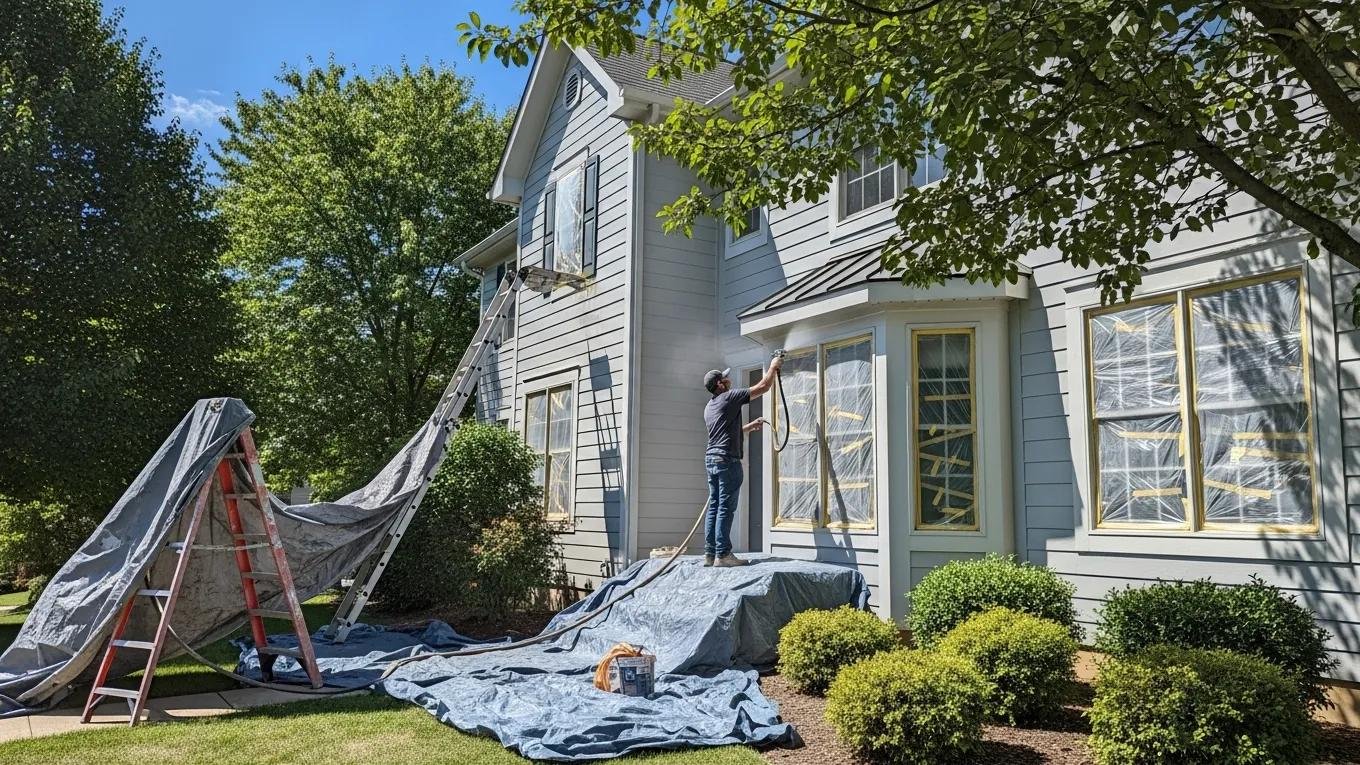 Professional painter applying high-quality exterior paint to a house in Harrisburg, PA