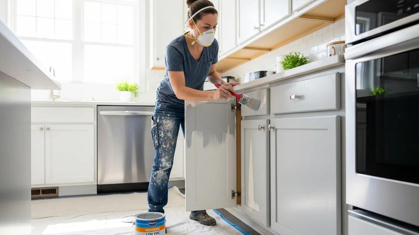 Professional painter revitalizing kitchen cabinets in York PA with high-quality finishes