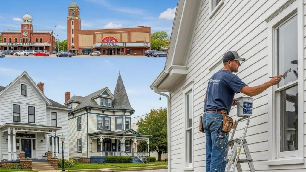 Professional painter working on a historic home in Lancaster, PA, showcasing local architecture and landmarks