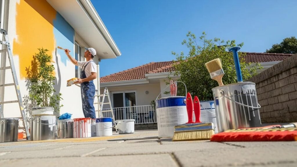 Professional painter working on a house exterior with vibrant colors and tools