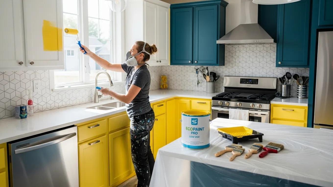 Professional painter working on a kitchen interior in Lancaster, PA with eco-friendly paint