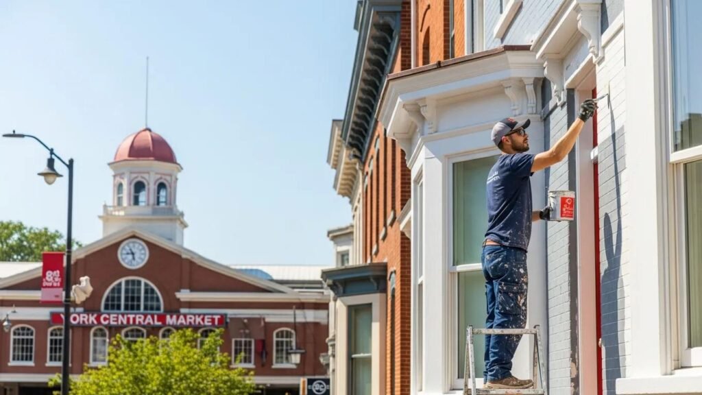 Professional painter working on a Victorian home in York, PA, with York Central Market in the background