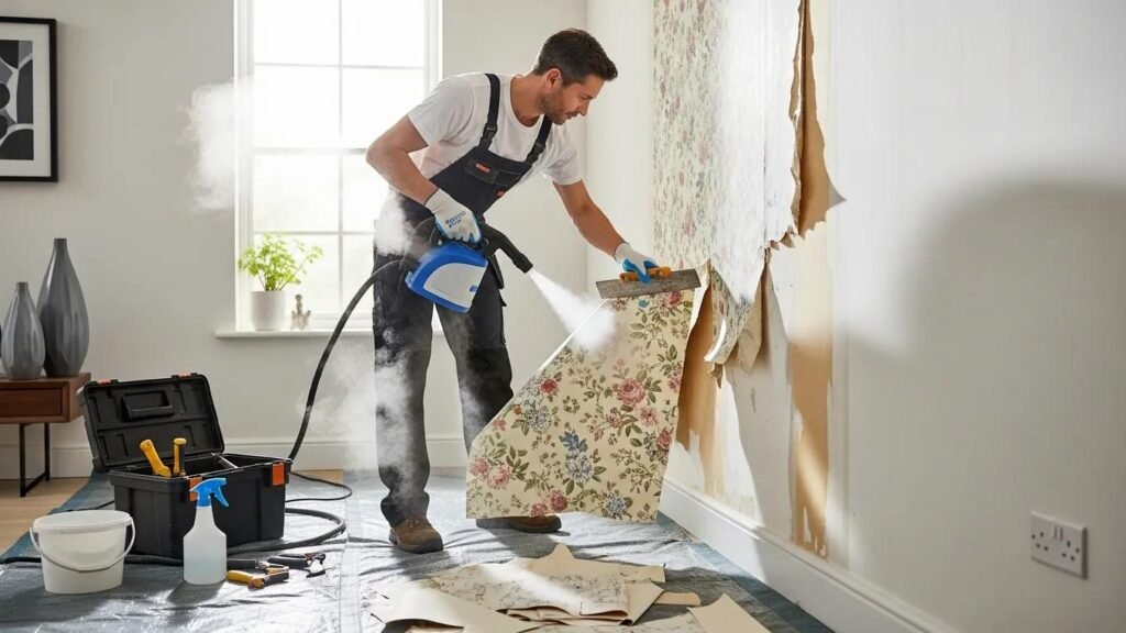 Professional wallpaper removal service in action, showcasing expert techniques and tools