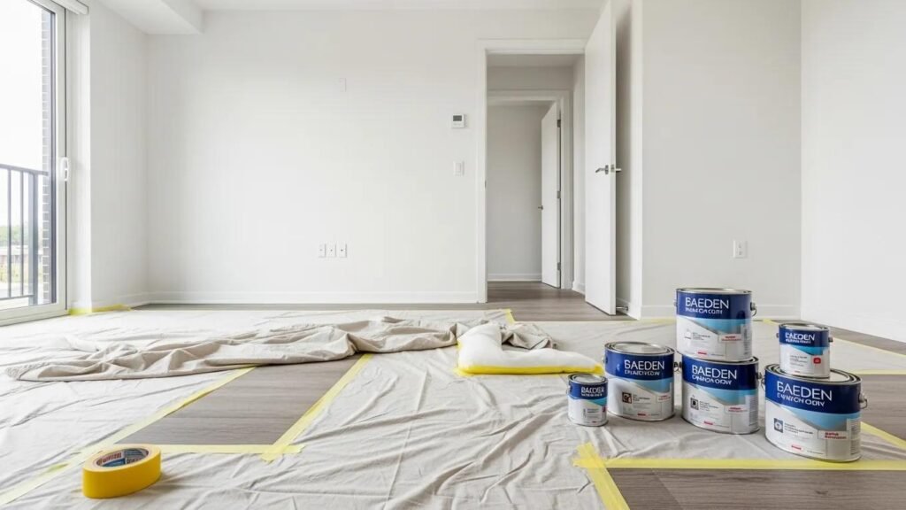 Rental unit prepared for painting with drop cloths and paint cans