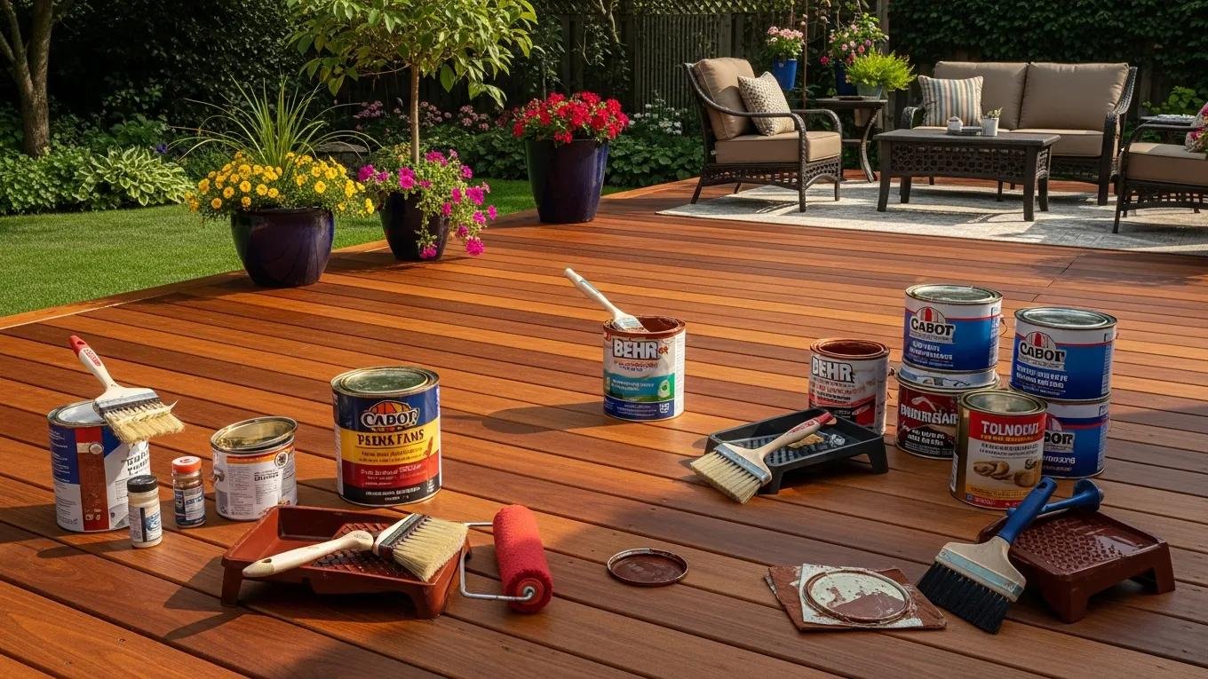 Restored wooden deck showcasing rich tones after staining, set in a beautiful backyard