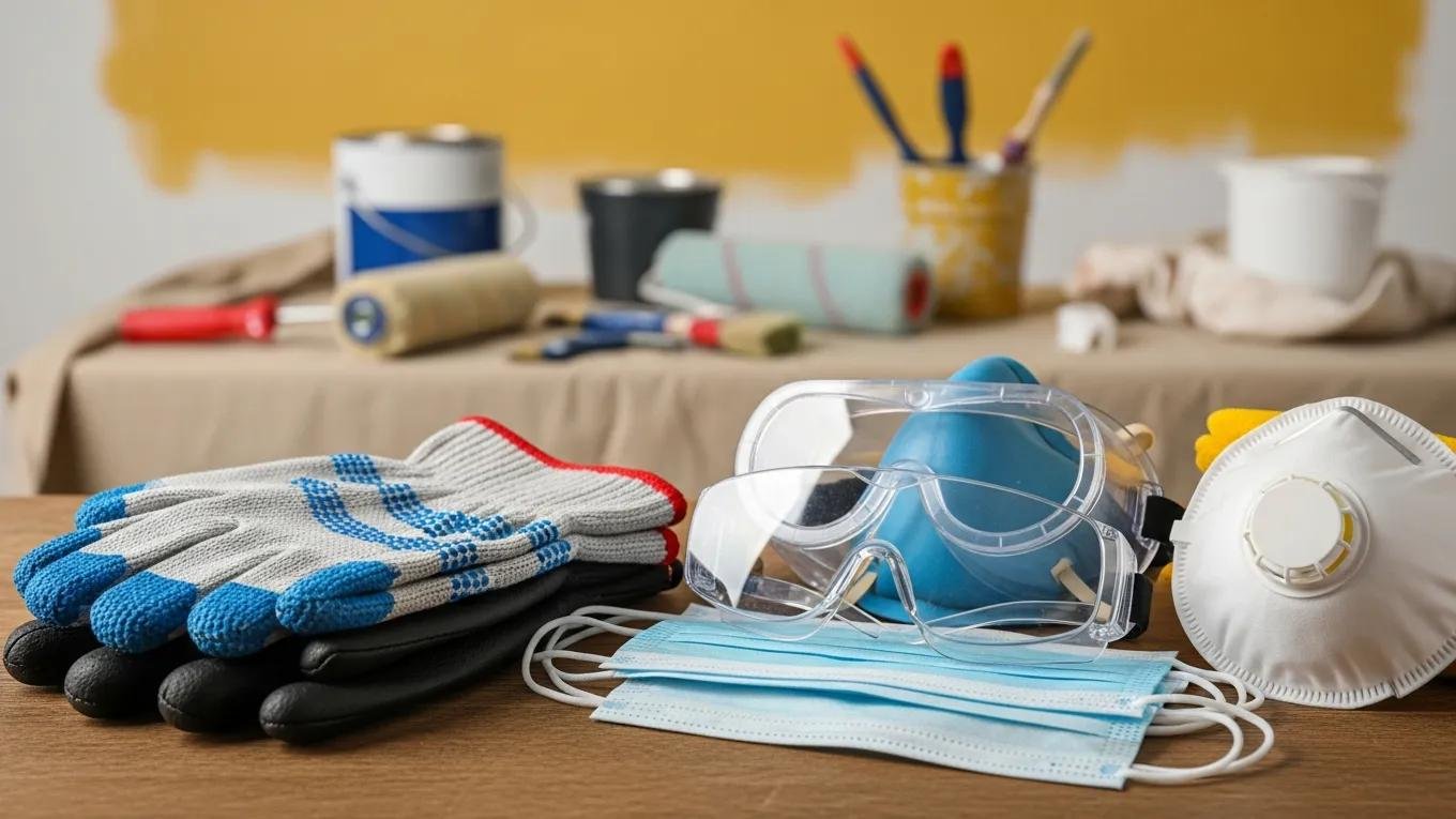 Safety equipment for volunteers, including gloves, masks, and goggles, prepared for a paint day