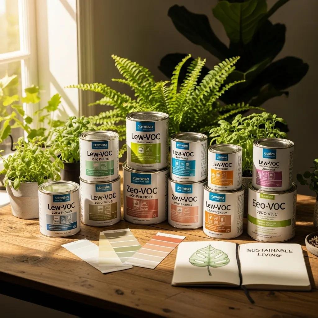 Selection of eco-friendly low-VOC and zero-VOC paint cans on a wooden table, emphasizing sustainable painting options