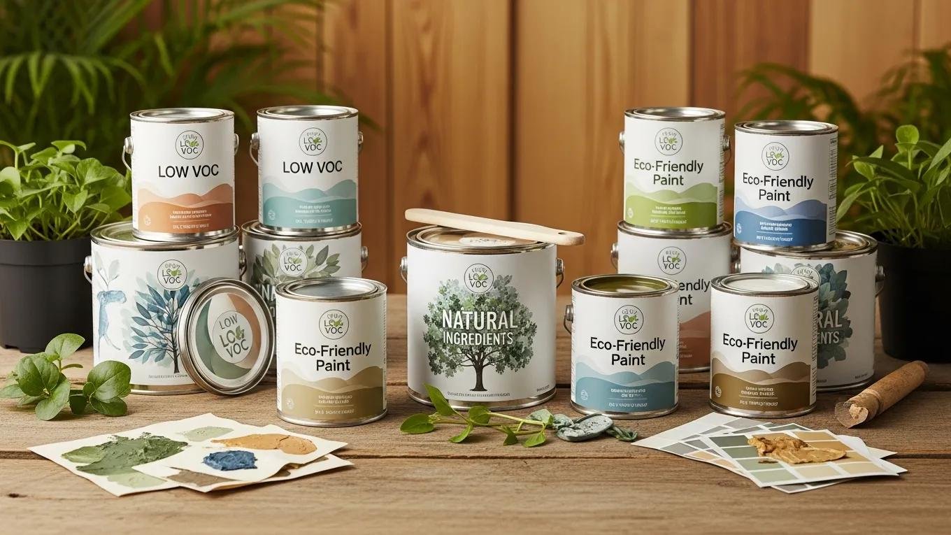 Selection of eco-friendly paint cans highlighting low VOC options for sustainable painting