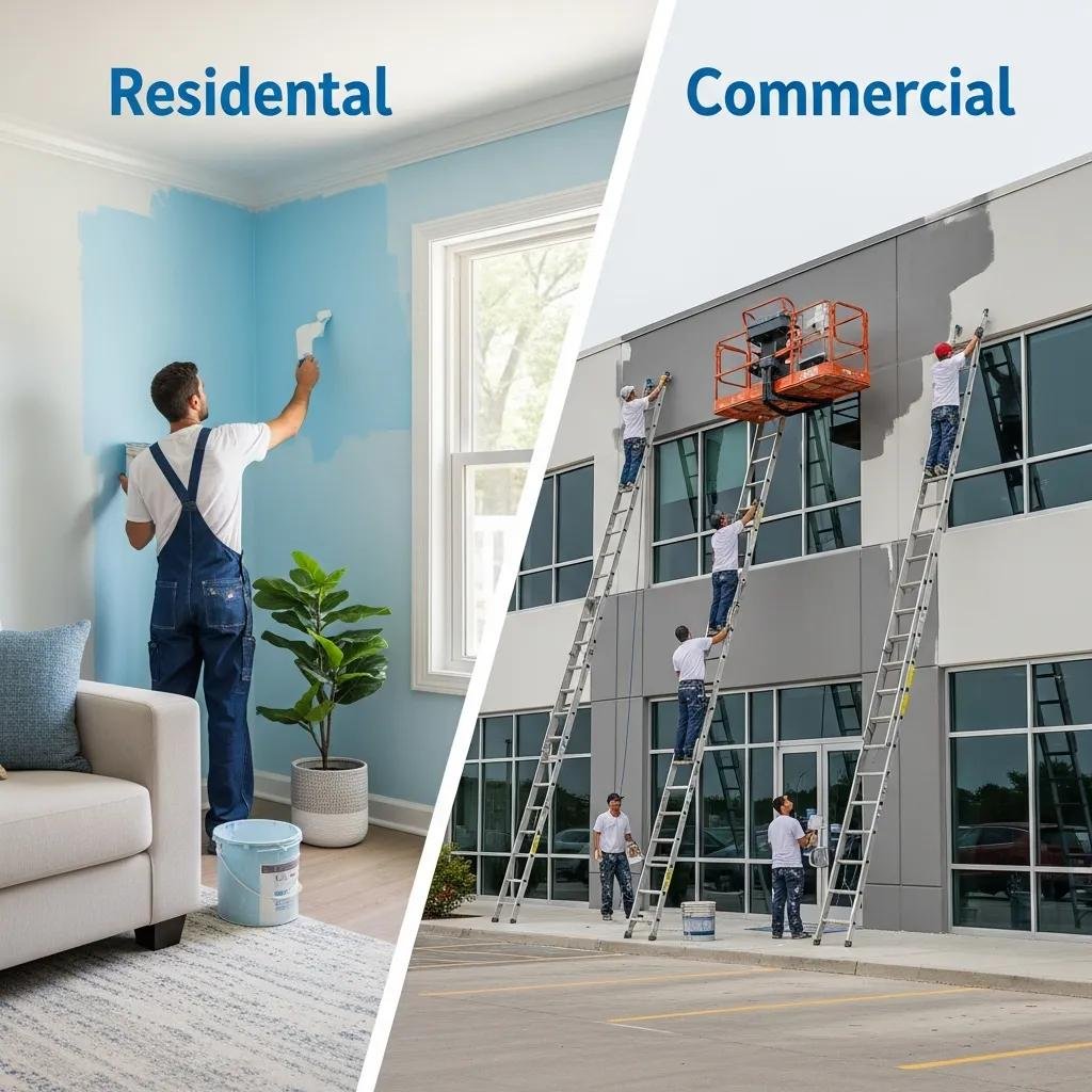 Split scene showing residential and commercial painting services, highlighting the expertise of Esteem Painting LLC