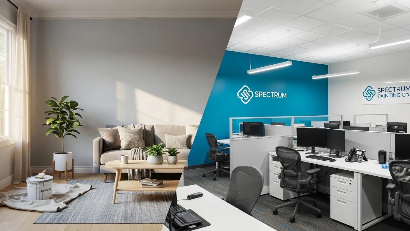 Split scene showing residential living room and commercial office space, highlighting different types of painting services