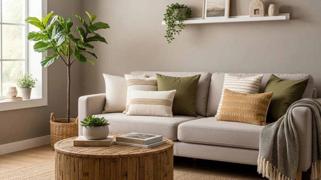 Stylish living room with warm neutrals and organic greens, reflecting 2026 color trends