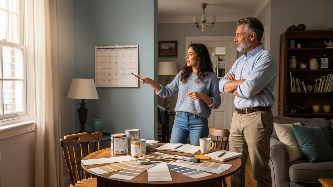 Tenant discussing painting schedule with landlord in a cozy living room